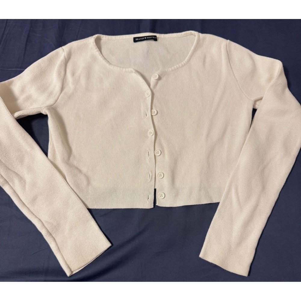 Brandy Melville White Ribbed Cropped Cardigan Sweater Long Sleeve cottagecore